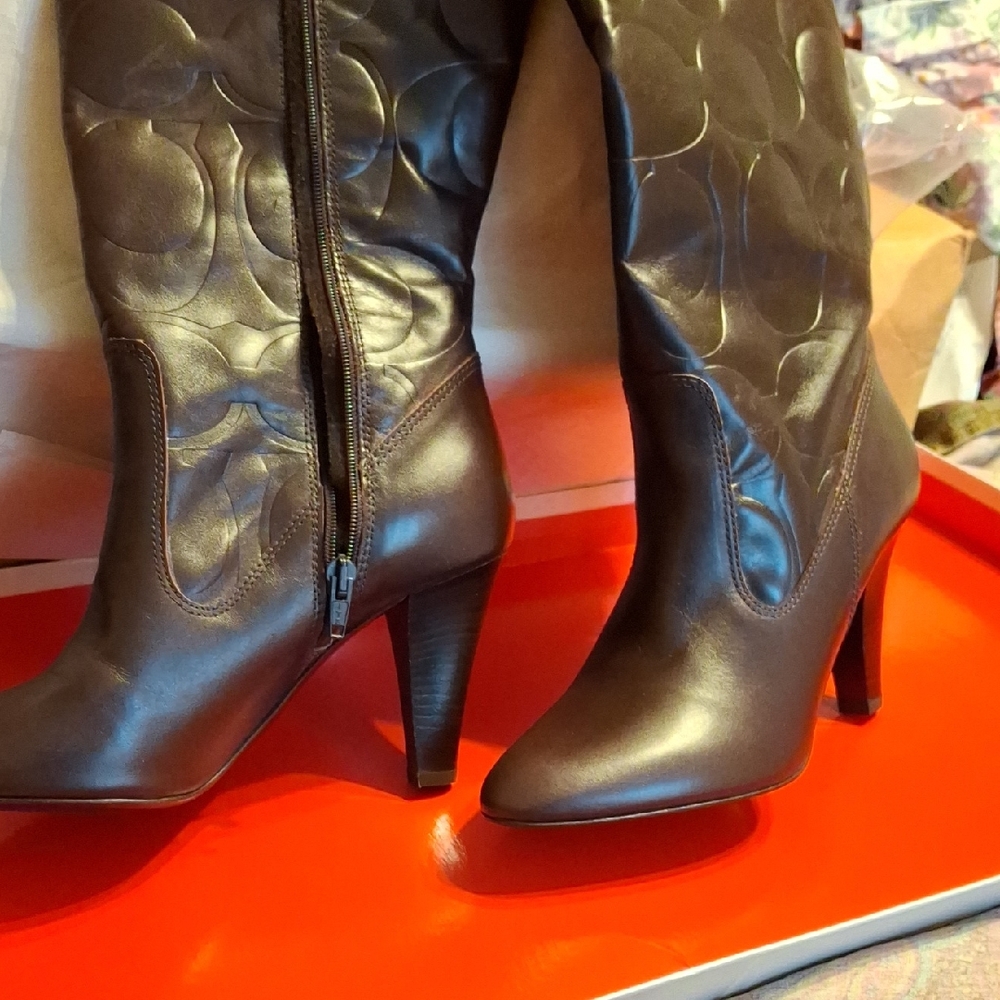 Coach Dark Brown Embossed Leather Mid-Calf Heeled Boots